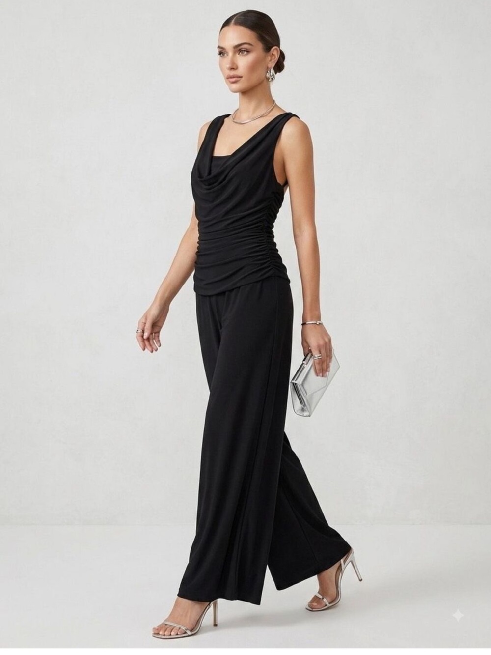 R&M Richards Black Sleeveless Draped Ruched Wide-Leg Jumpsuit